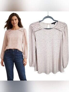 Adrianna Papell Blush Pink Smocked Shoulder Heart Print Long Sleeve Blouse M